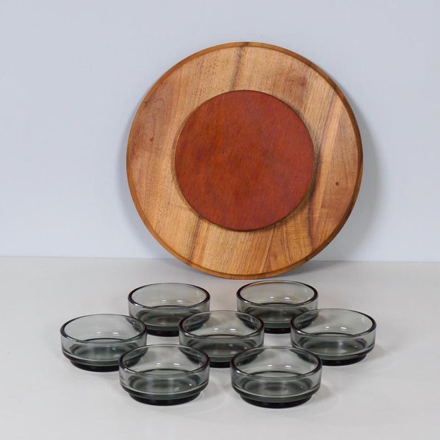 Vintage Teak Lazy Susan with Glass Bowls, 1960s, Set of 8 For Sale - Image 6 of 8