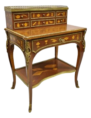 Vintage French Louis XV Style Marquetry Inlay Bronze Ormolu Small Writing Desk