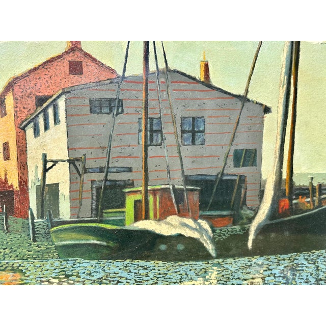 1940s Louis Thompson Rockport School Harbor Scene Oil Painting For Sale - Image 6 of 10