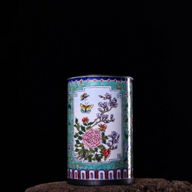 This is a beautifully decorated vintage Chinese enamel brush pot (bitong), crafted in the style of the Qing dynasty. The...