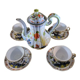 1960s Faenza Garofano Blue Carnation Coffee Pot With Four Cups & Saucers - Set of 9 For Sale