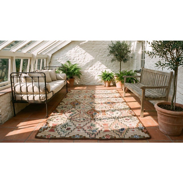 Wonderful Beige Background With Geometric Shapes and Floral Design Antique American Hooked Rug For Sale - Image 13 of 14