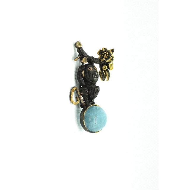 Art Deco Mid 20th Century Sterling Gold Plate 22.82 Ct. Aquamarine, Sapphire & Garnet Monkey Brooch For Sale - Image 3 of 7