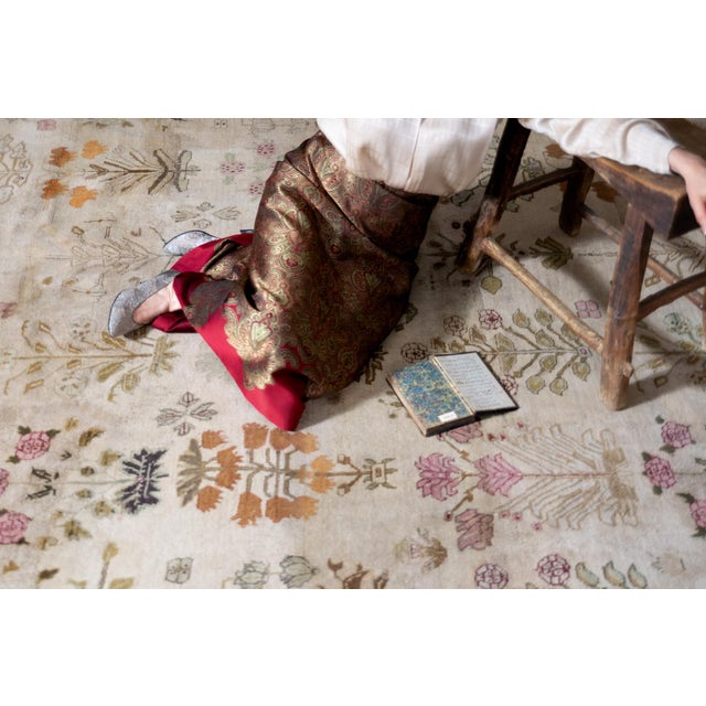 Antique Mid 1800s Allover Botanical Figurative Tan Burgundy Mustard Hand Knotted Wool Low Pile Rug 13’11“ X 15’1“ For Sale - Image 10 of 11