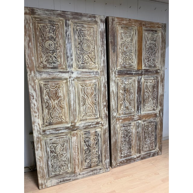 1920s Vintage Whitewashed Carved Library Doors | Limewash Double Barn Doors | Handcrafted Statement Entryway For Sale - Image 5 of 8