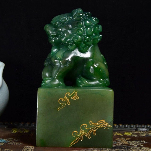 Late 20th Century Shoushan Stone Guardian Lion Seal – 6" Foo Dog Stamp With Gilt Calligraphy & Red Seal Paste For Sale - Image 5 of 9
