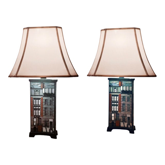 Maurice Heaton Brownstone Lamp Pair, Enameled Glass, 1950’s, Usa. For Sale