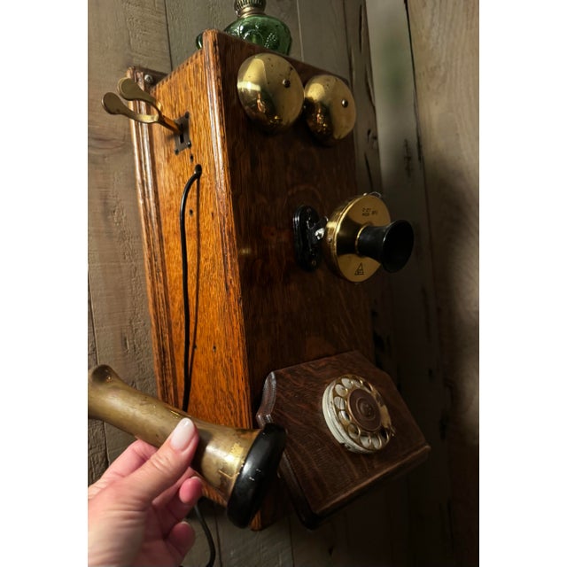 Mid 20th Century Imported Antique Argentine Oak Wall Telephone With Brass Bells & Green Glass Accent For Sale - Image 5 of 8