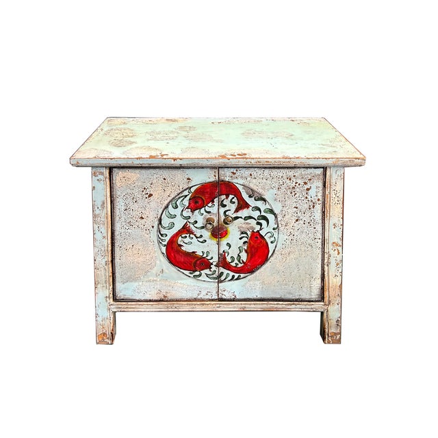 Asian Vintage Distressed Pale Turquoise Blue Tri-Red-Fish Credenza Table Cabinet For Sale - Image 3 of 10