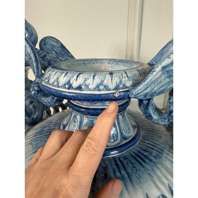 Large Vintage Cantagalli Italian Majolica Blue White Delft Style Pottery Vase Jar or Urn Serpent Handles 23"h For Sale - Image 18 of 18