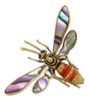 Coral Abalone Shell Lapis 18k Yellow Gold Large Movable Fly Pin Brooch