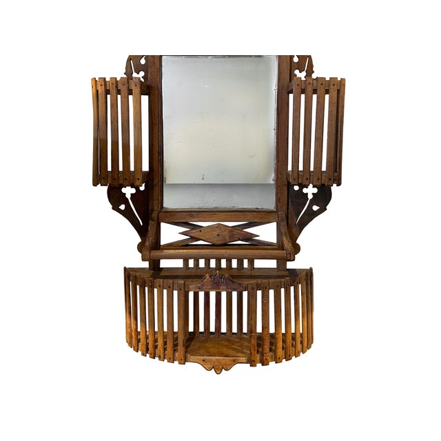 Late 19th Century Antique Eastlake Walnut Shaving Mirror With Walnut Slat Wood Design For Sale - Image 5 of 10