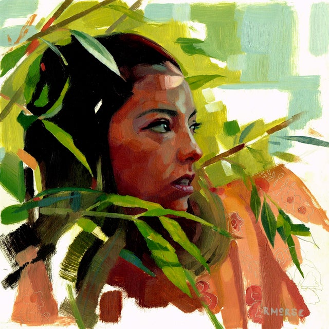Peering Out by Ryan Morse | Oil on panel Portrait of a woman surrounded by greenery. For Sale