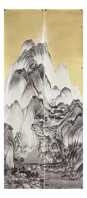 Panoramic Mountain Mural Hand Painted Wallpaper - 2 Panels