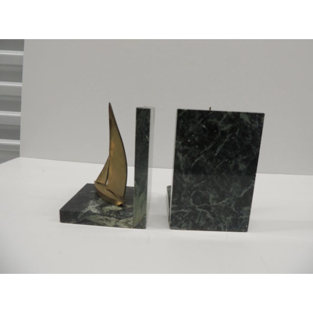 Mid-Century Modern MCM Vintage Brass Sailing Boats and Green Marble Bookends - A Pair For Sale - Image 3 of 7