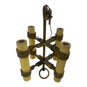 Vintage Gothic Style Medieval French 4 Light Gilt Iron Chandelier Fixture With Large Wax Candles