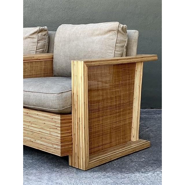 This exceptional pair of vintage lounge chairs, manufactured by the renowned Lane Furniture, epitomizes the warm, organic...