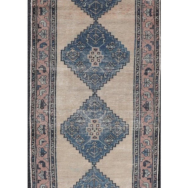 Mid 20th Century Vintage Persian Hamadan Distressed Runner With Medallion Design in Navy Blue Keivan Woven Arts For Sale - Image 5 of 11