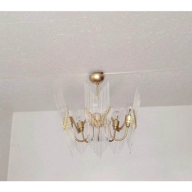 Rare 1970s Brass & Glass Rod Chandelier | 5-Light Vintage Fixture | Restored Mid Century Lighting For Sale - Image 6 of 14