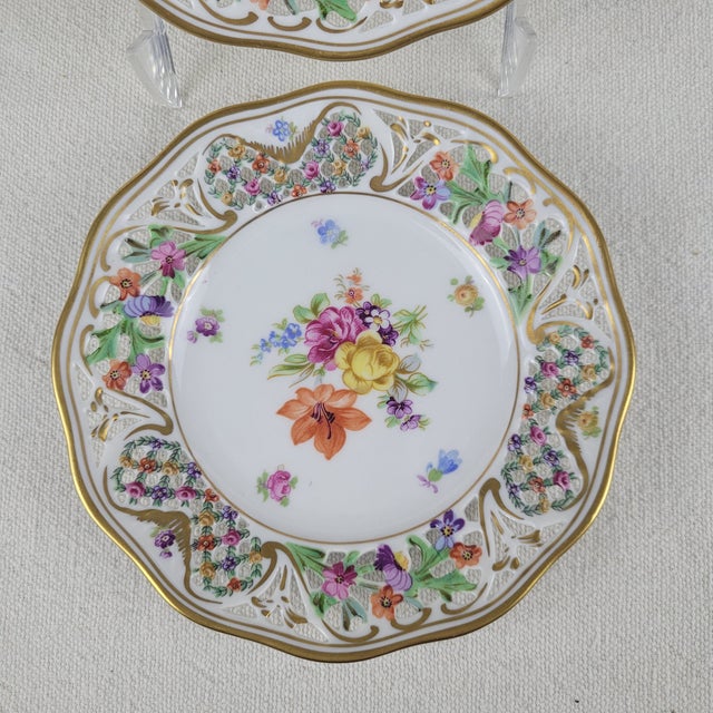 Victorian Schumann Germany Chateau Dresden Flowers Reticulated Porcelain Plates - A Pair For Sale - Image 3 of 7