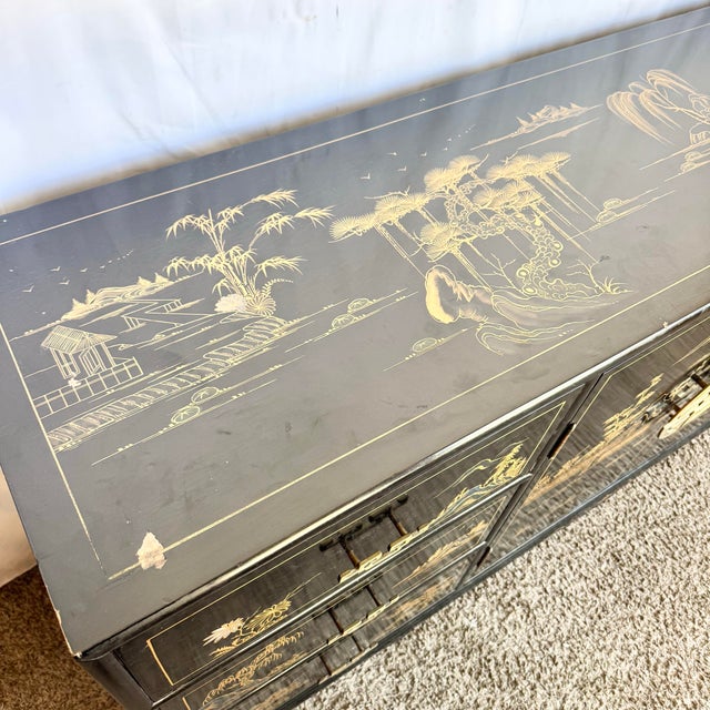 Vintage Chinese Black and Gold Hand Painted Dresser With Mirrors - 3 Pieces For Sale - Image 4 of 12