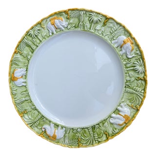 Mid 20c Italian Majolica Elephant Jungle Relief Large Plate — Tropical Wall Decor For Sale