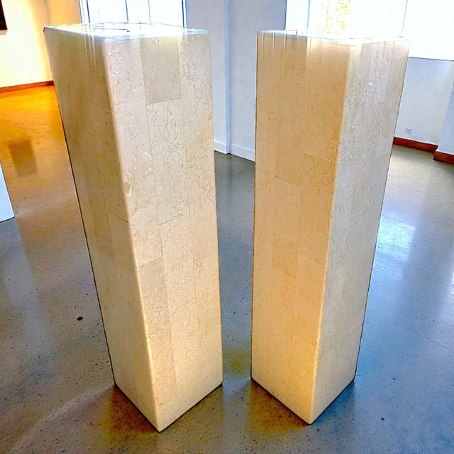 Beige 1980's Maitland Smith Modernist Tessellated Shell Pedestals - A Pair For Sale - Image 8 of 9