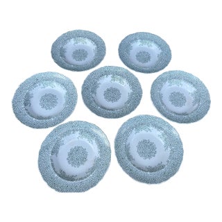 Circa 1830s Green Transferware Staffordshire Soup Plates, "Fibre" Pattern- Set of 7 For Sale