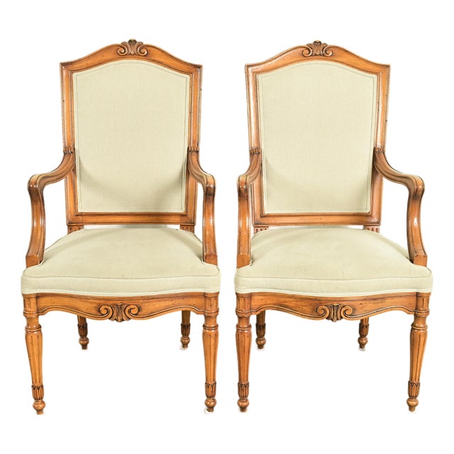 Baker Furniture Style French Regency Louis XVI Carved Walnut Armchairs or Dining Captain Chairs, Pair For Sale