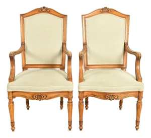 Baker Furniture Style French Regency Louis XVI Carved Walnut Armchairs or Dining Captain Chairs, Pair