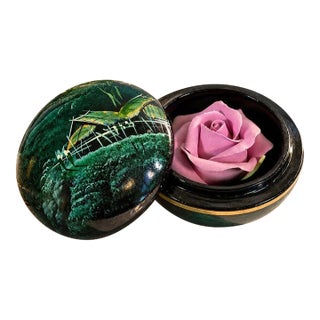 Vintage Japanese Lacquerware Round Trinket Box With Porcelain Rose Accent For Sale