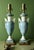 An elegant matching pair of vintage DE LITE porcelain table lamps in a soft powder-blue and white colour palette,...