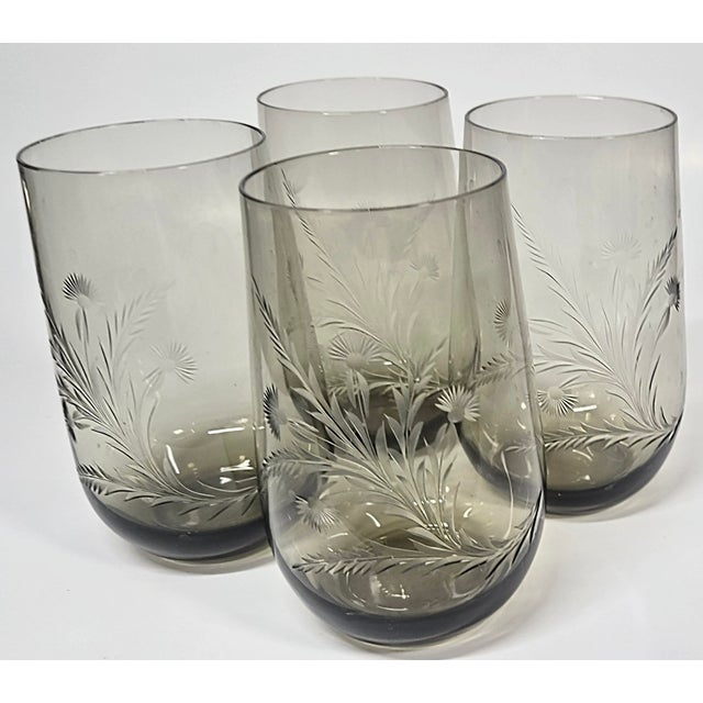 Mid 20th Century Handcarved Dandelion Crystal Stemless Goblets- Set of Four For Sale - Image 10 of 13