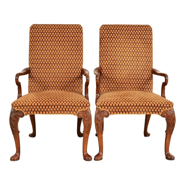 Baker Furniture Stately Homes Georgian Carved Mahogany Open Arm Library Chairs, Pair For Sale
