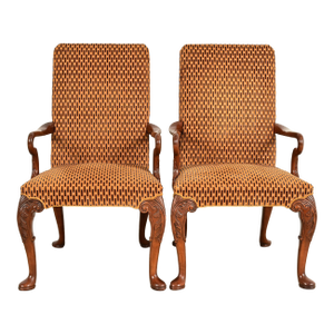 Baker Furniture Stately Homes Georgian Carved Mahogany Open Arm Library Chairs, Pair