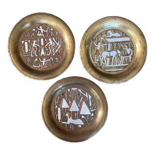 Vintage Brass, Copper and Silver Egyptian Cairo Ware Plates - Set of 3 For Sale