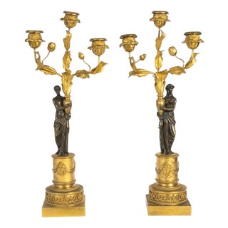 18th Century Louis XVI Gilded and Patinated Bronze Candelabras, Set of 2 For Sale