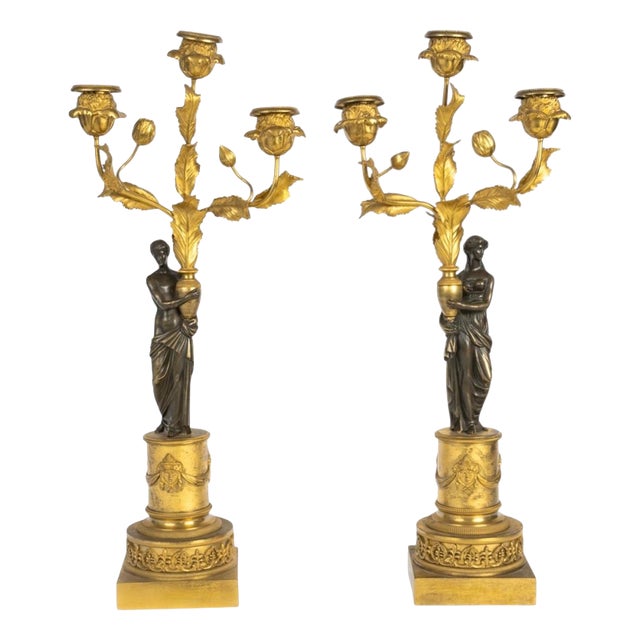 18th Century Louis XVI Gilded and Patinated Bronze Candelabras, Set of 2 For Sale