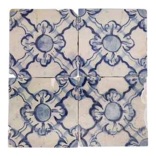 18th Century Set of Four Tiles Blue & White Floral Shapes, Portuguese For Sale