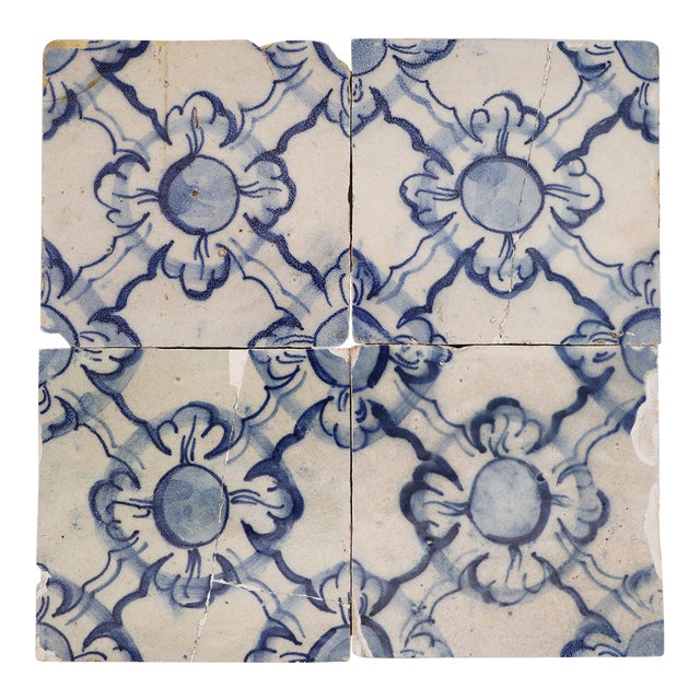 18th Century Set of Four Tiles Blue & White Floral Shapes, Portuguese For Sale