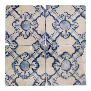 18th Century Set of Four Tiles Blue & White Floral Shapes, Portuguese