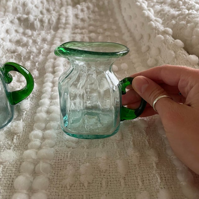 Mexican 1970s Mexican Vintage Hand Blown Green Glass Jar With Lid and Small Pitcher Set Unique Bubble Glass Organic Shape For Sale - Image 3 of 5