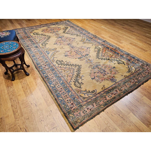Vintage Turkish Oushak Rug, Geometric Pattern, Pale Yellow & Pink, 7' X 12' For Sale In Chicago - Image 6 of 18
