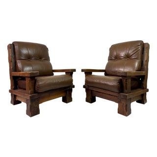 Set of Brutalist Oak Armchairs, 1960s For Sale
