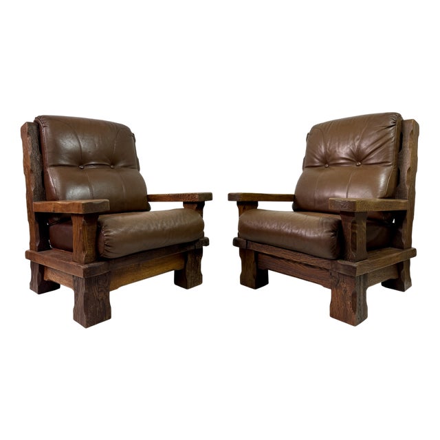 Set of Brutalist Oak Armchairs, 1960s For Sale
