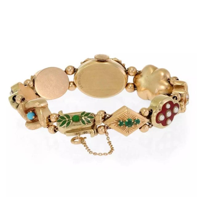 1990s Estate Diamond Pearls Gems Hidden Watch Slide Charms 14k Gold Bracelet For Sale - Image 5 of 6