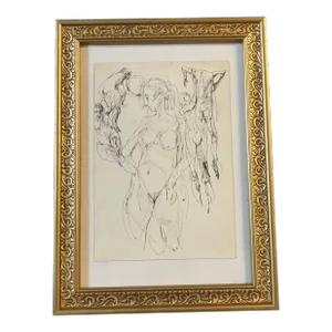 1960’s Vintage Abstract 5 Figure Female Nude Ink Study Drawing Framed