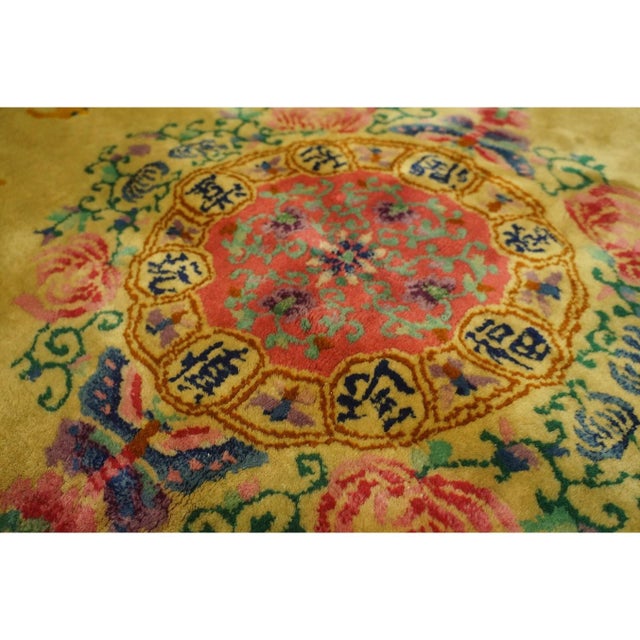 Mustard 1920s Soft Yellow Field Antique Vase Floral Shou Symbols Chinese Art Deco Rug For Sale - Image 8 of 9