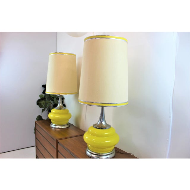 Pair of 1970's Lamps Yellow Glass and Chrome For Sale - Image 4 of 11