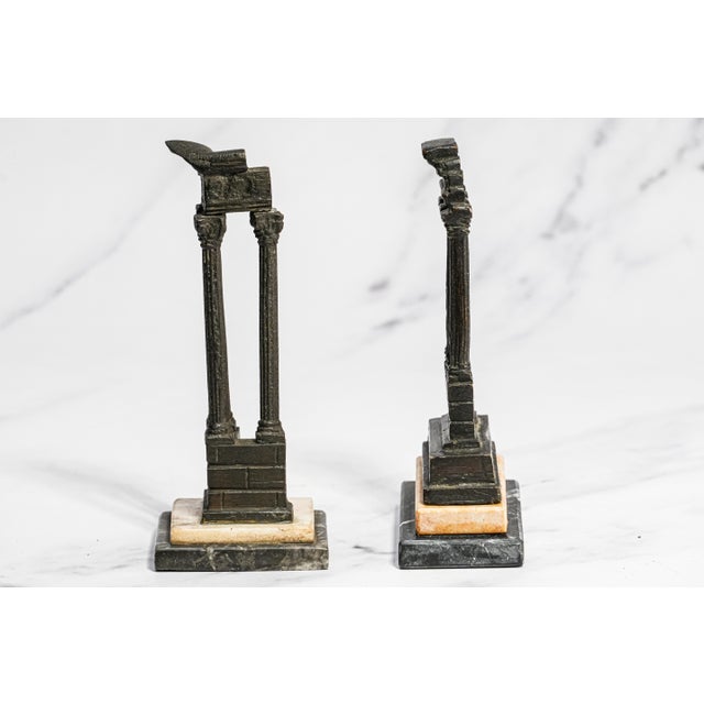 Lovely Pair Antique Small Miniature Bronze Roman Temple Models, Grand Tour Vespasian Castor Pollux Marble Base Neoclassical For Sale - Image 12 of 15